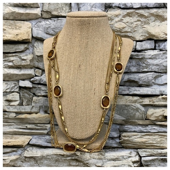 Vintage Signed Sarah Coventry Amber Rhinestones Long Flapper Gold Tone Necklace - Picture 1 of 9
